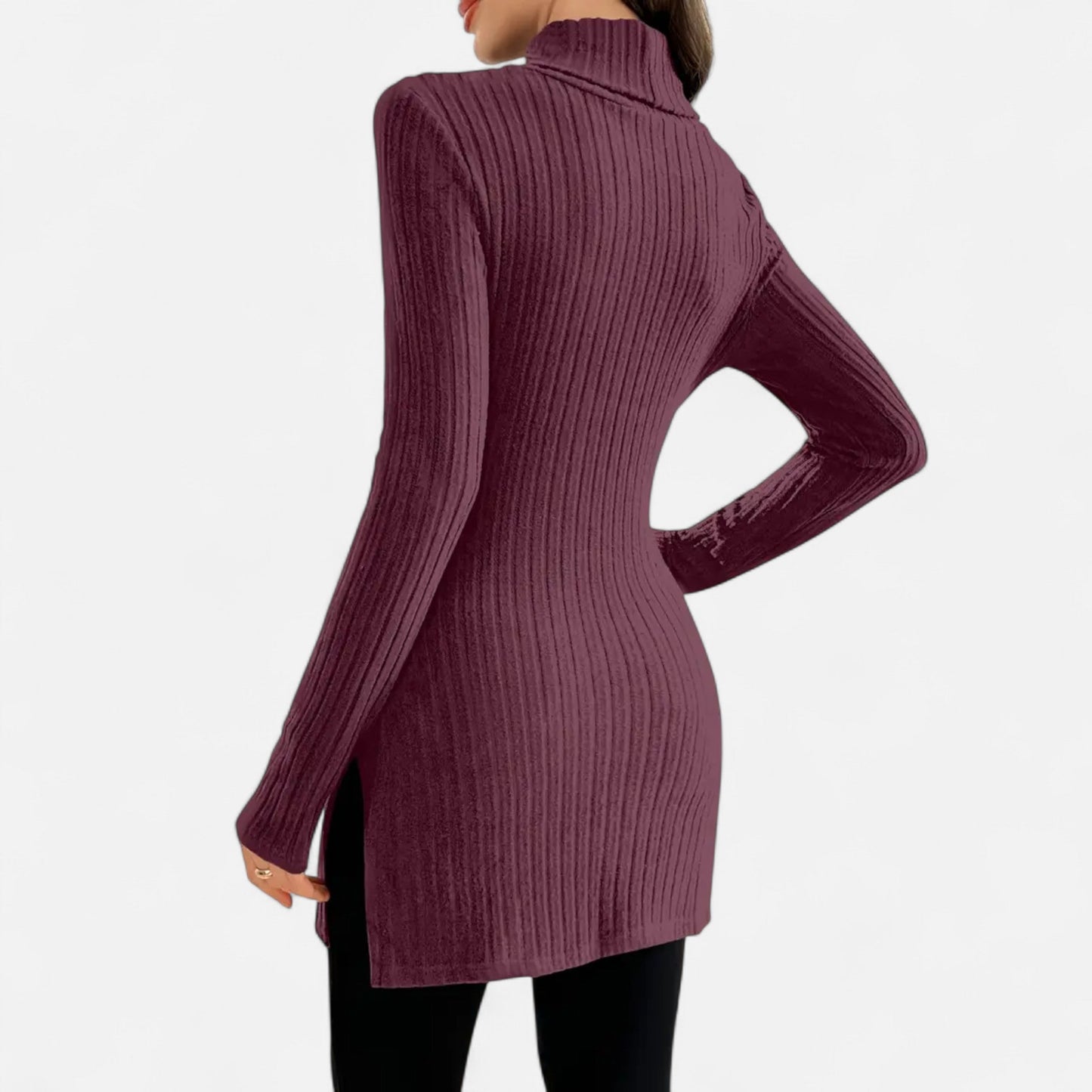Ribbed Knit Turtleneck Sweater with Side Slits