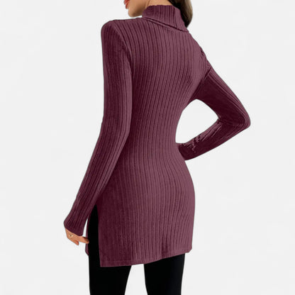 Ribbed Knit Turtleneck Sweater with Side Slits