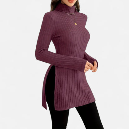 Ribbed Knit Turtleneck Sweater with Side Slits
