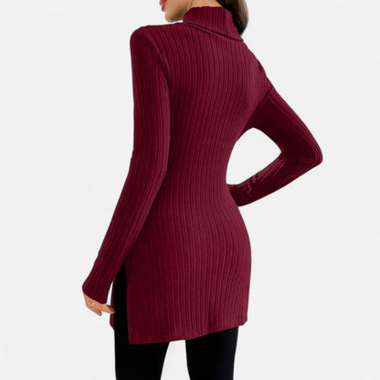 Ribbed Knit Turtleneck Sweater with Side Slits