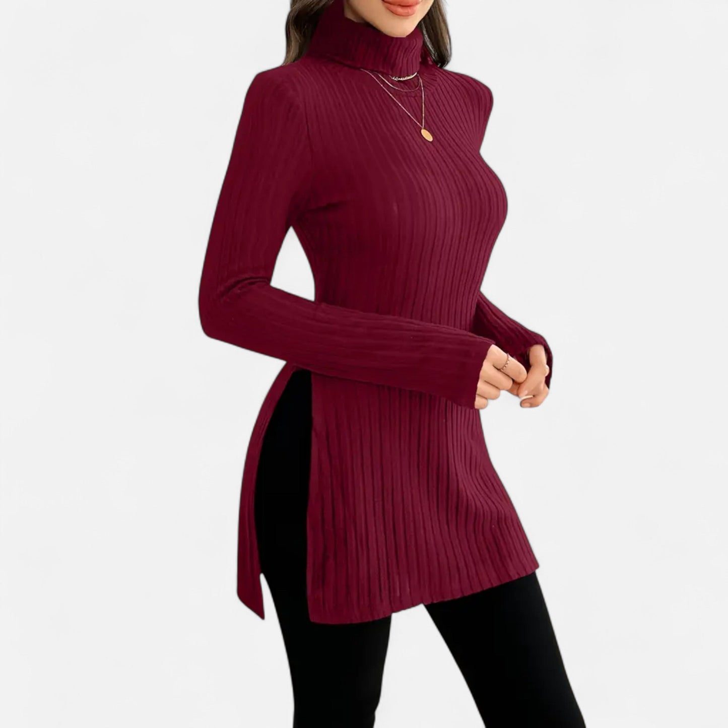 Ribbed Knit Turtleneck Sweater with Side Slits