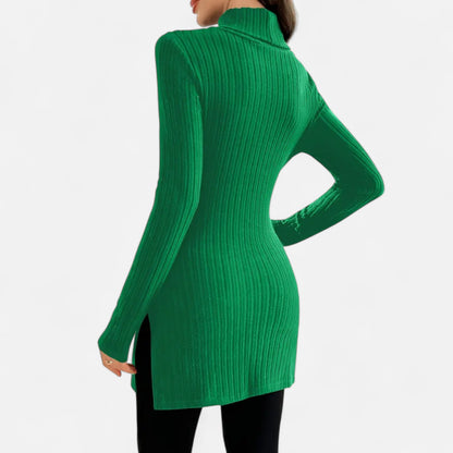 Ribbed Knit Turtleneck Sweater with Side Slits