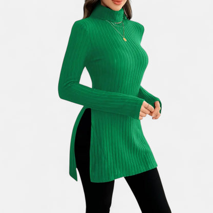 Ribbed Knit Turtleneck Sweater with Side Slits