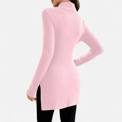Ribbed Knit Turtleneck Sweater with Side Slits
