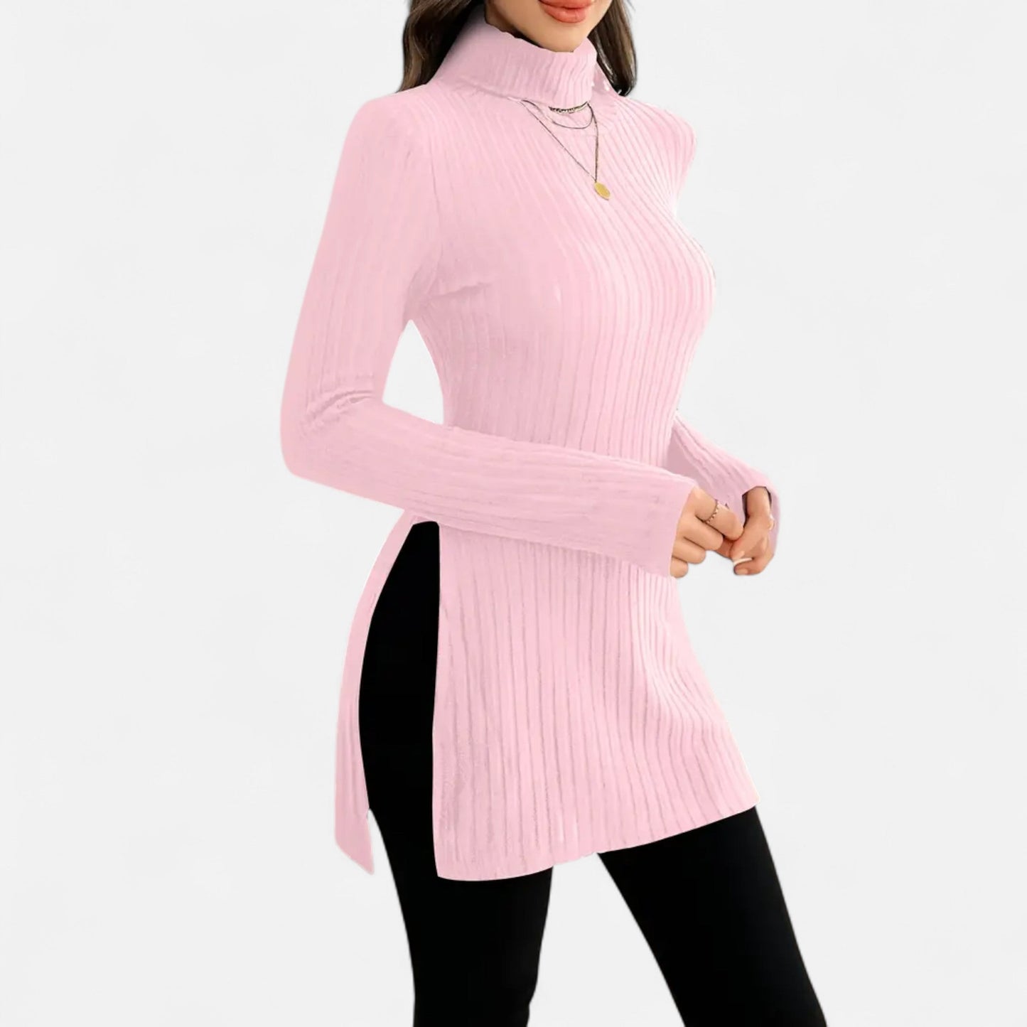 Ribbed Knit Turtleneck Sweater with Side Slits