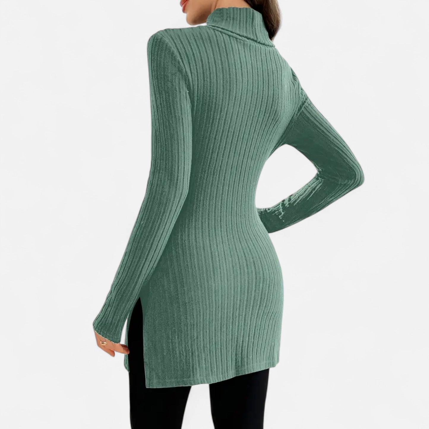 Ribbed Knit Turtleneck Sweater with Side Slits