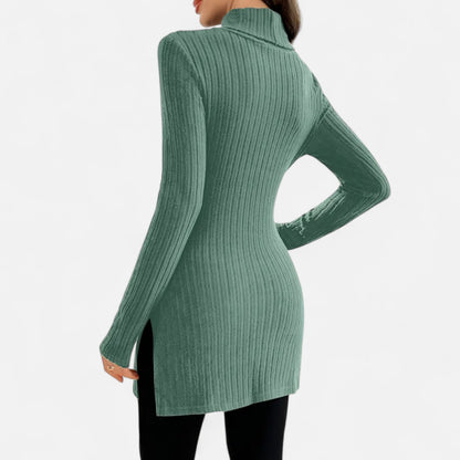 Ribbed Knit Turtleneck Sweater with Side Slits