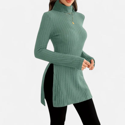 Ribbed Knit Turtleneck Sweater with Side Slits