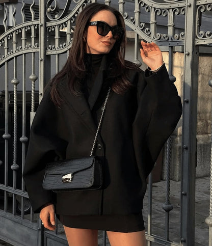 Collared Boxy Jacket with Wide Sleeves and Button Closure