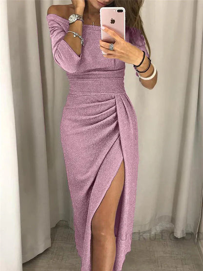 Off-Shoulder Maxi Dress with Ruched Skirt and Side Slit