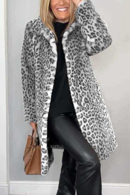 Faux Fur Coat with Notched Lapels and Calf Length Hem
