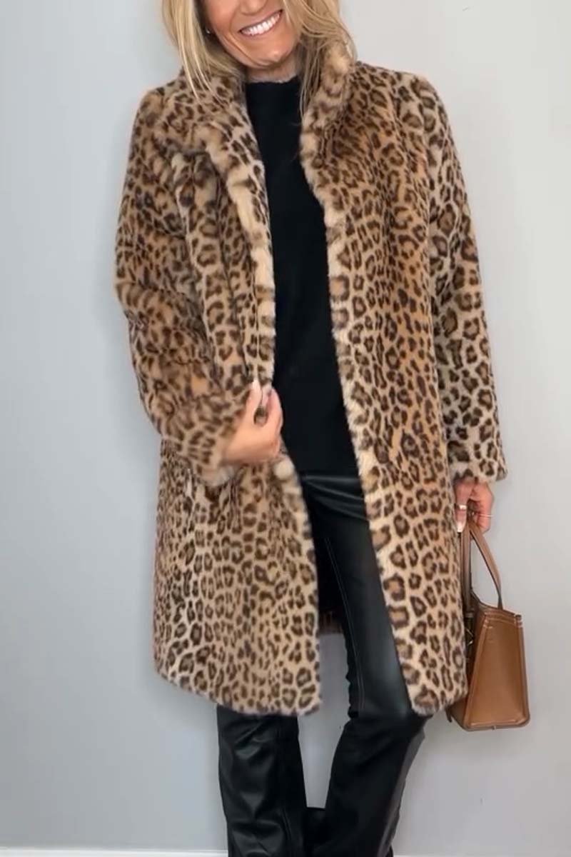 Faux Fur Coat with Notched Lapels and Calf Length Hem