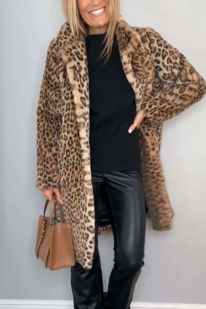 Faux Fur Coat with Notched Lapels and Calf Length Hem