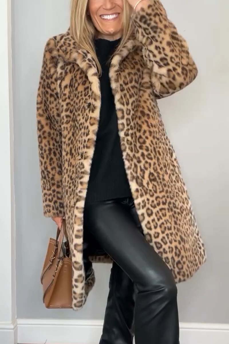 Faux Fur Coat with Notched Lapels and Calf Length Hem