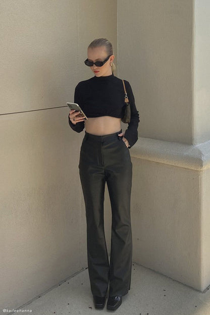 High-Waisted Faux Leather Trousers with Flared Leg