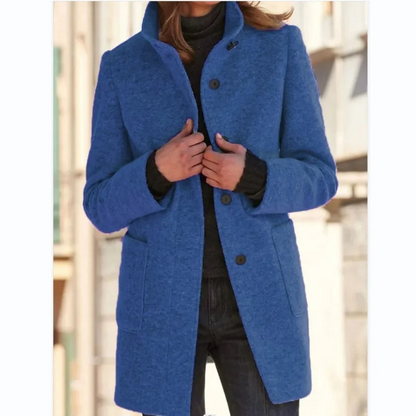 Mid-Length Coat with Stand Collar and Button Closure