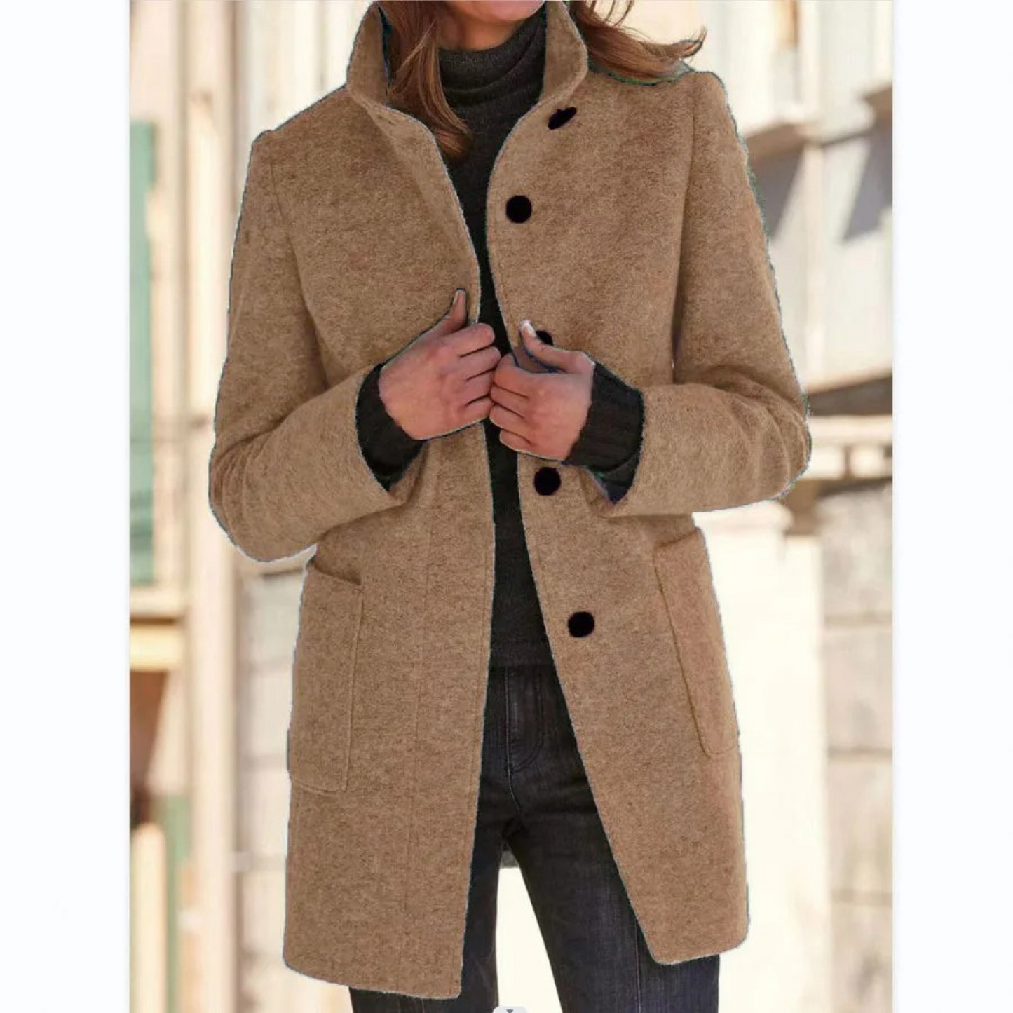 Mid-Length Coat with Stand Collar and Button Closure