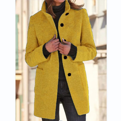Mid-Length Coat with Stand Collar and Button Closure