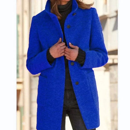 Mid-Length Coat with Stand Collar and Button Closure