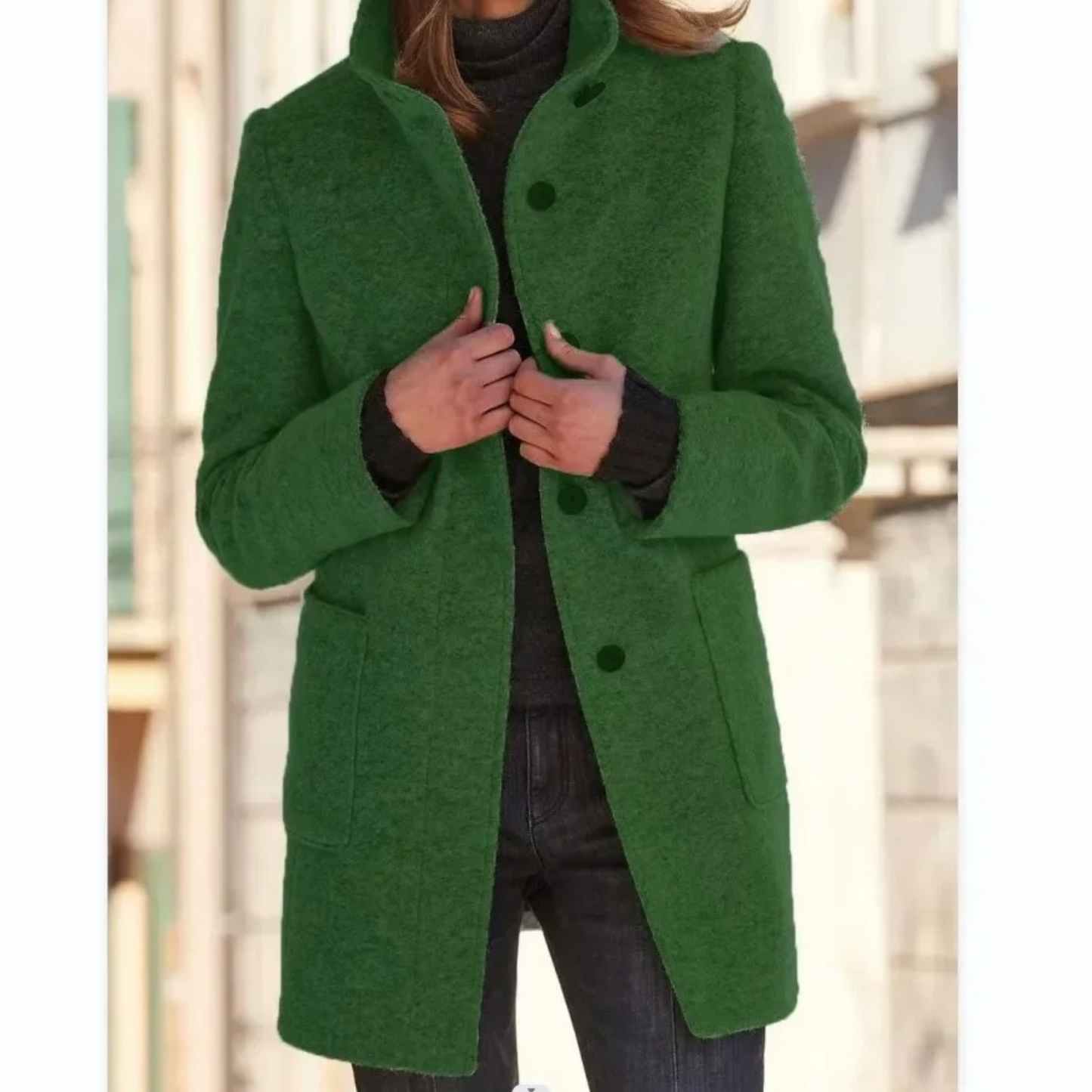 Mid-Length Coat with Stand Collar and Button Closure