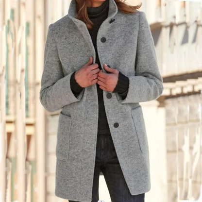 Mid-Length Coat with Stand Collar and Button Closure