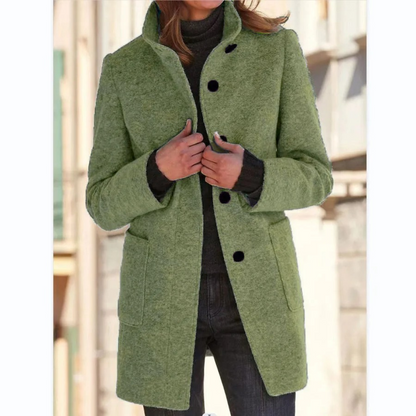 Mid-Length Coat with Stand Collar and Button Closure