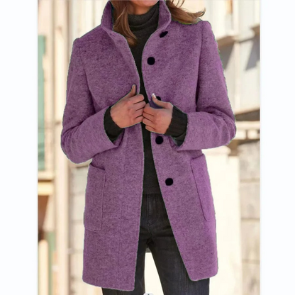 Mid-Length Coat with Stand Collar and Button Closure