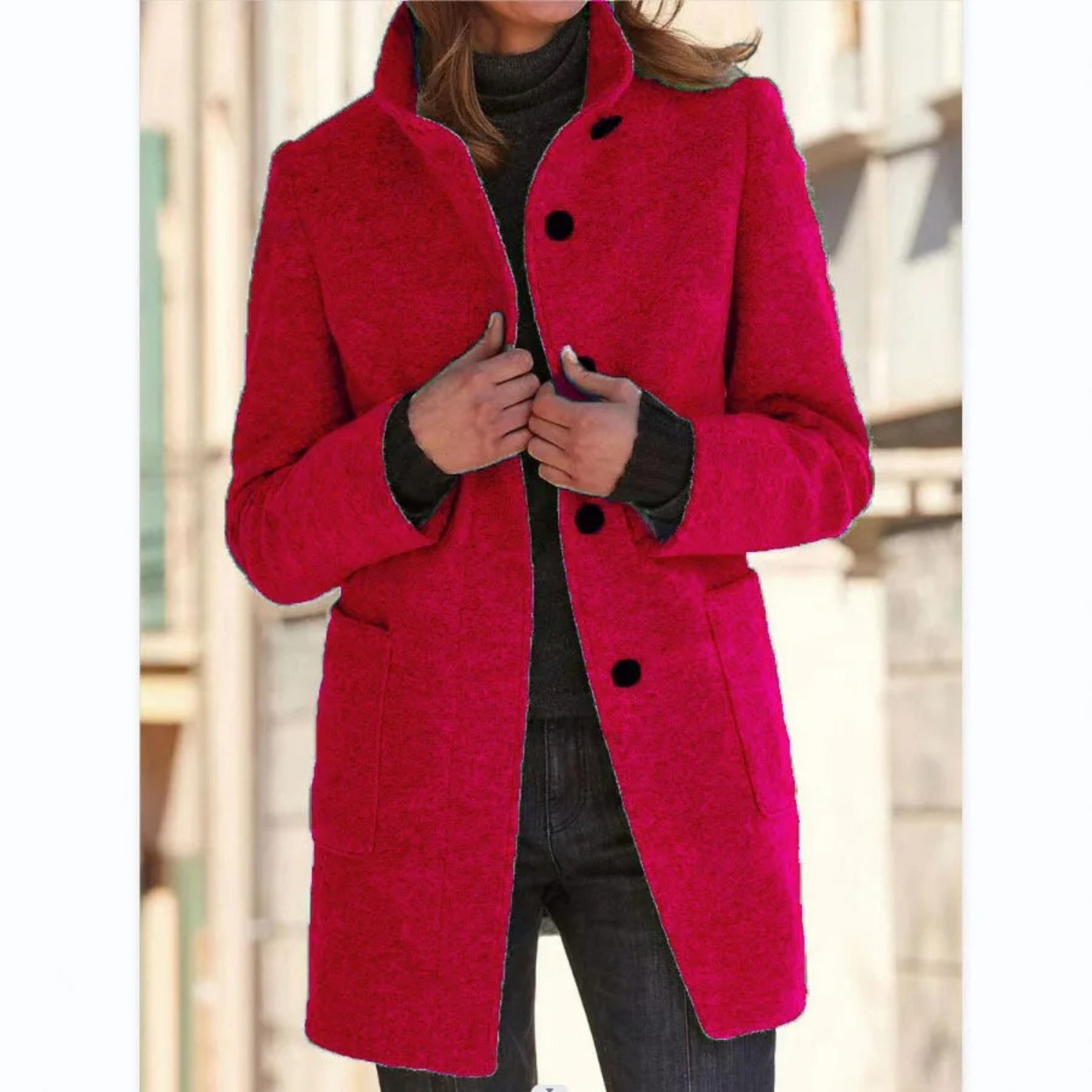 Mid-Length Coat with Stand Collar and Button Closure
