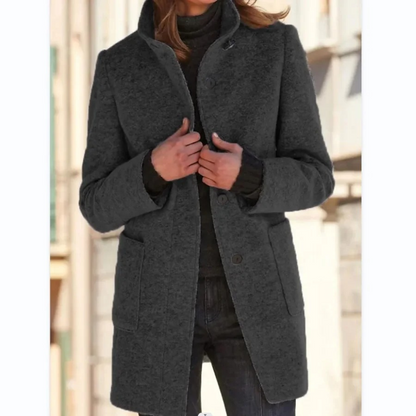 Mid-Length Coat with Stand Collar and Button Closure