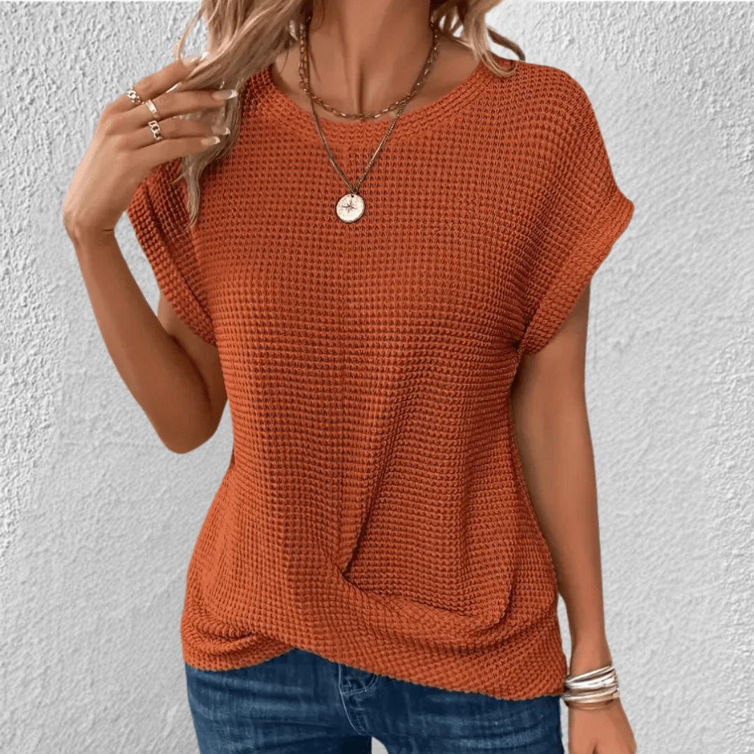 Waffle Knit Twist Front Top with Cuffed Cap Sleeves