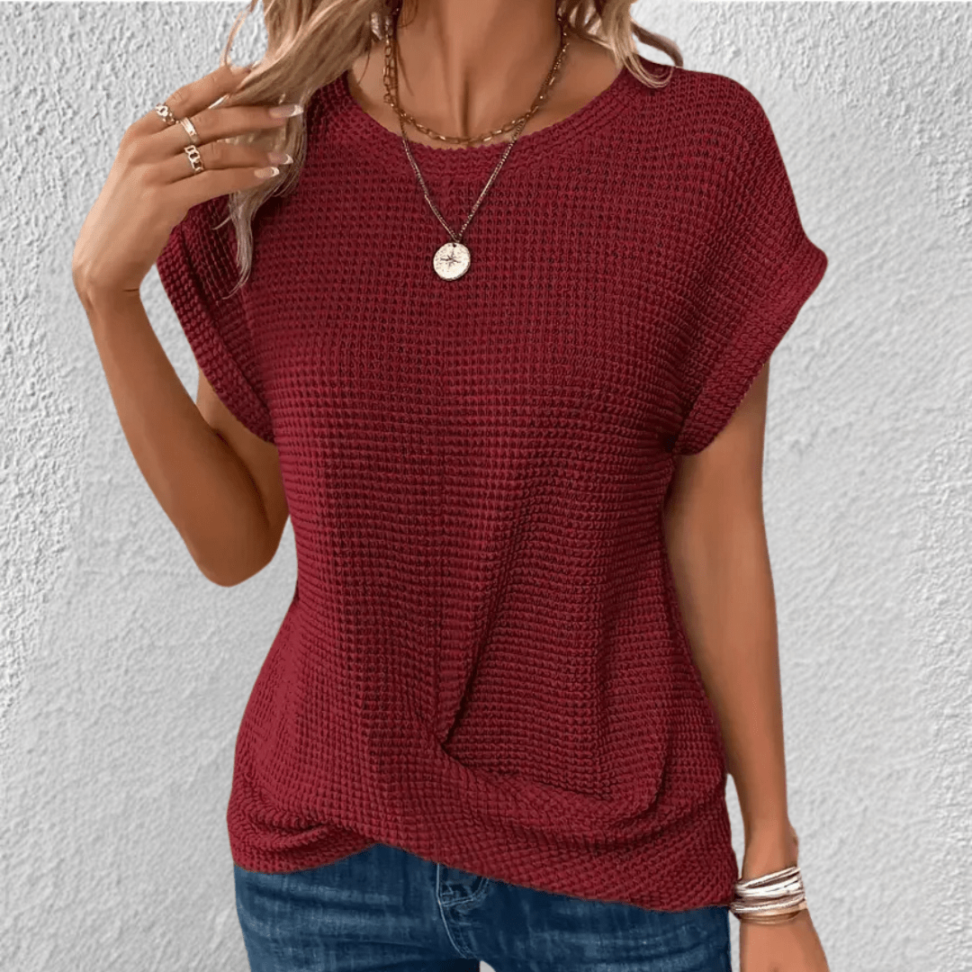 Waffle Knit Twist Front Top with Cuffed Cap Sleeves