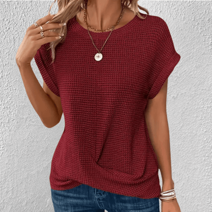 Waffle Knit Twist Front Top with Cuffed Cap Sleeves