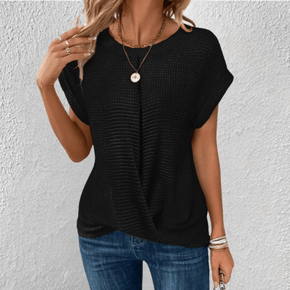Waffle Knit Twist Front Top with Cuffed Cap Sleeves