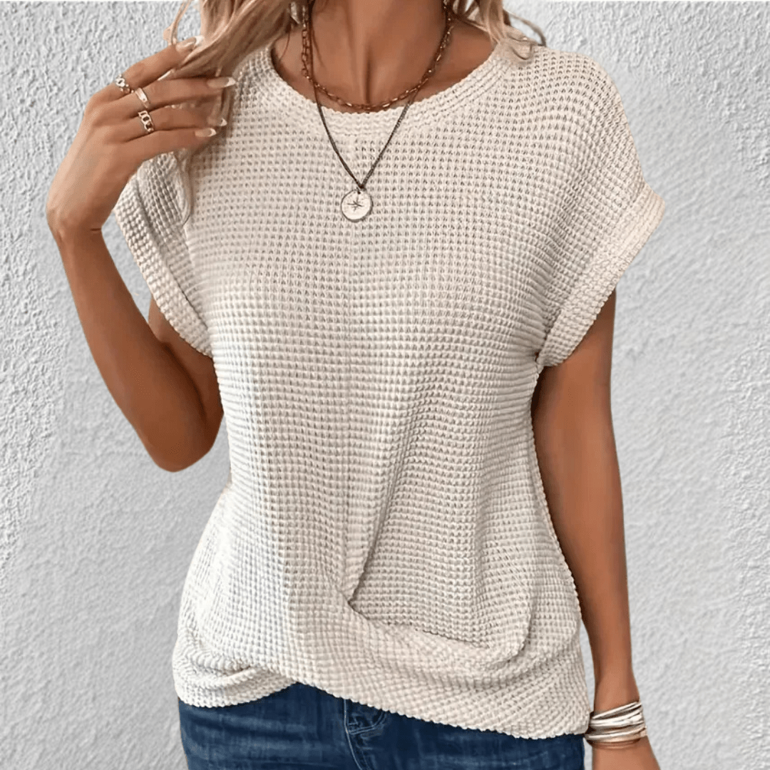 Waffle Knit Twist Front Top with Cuffed Cap Sleeves
