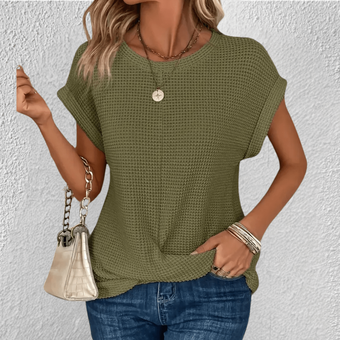 Waffle Knit Twist Front Top with Cuffed Cap Sleeves