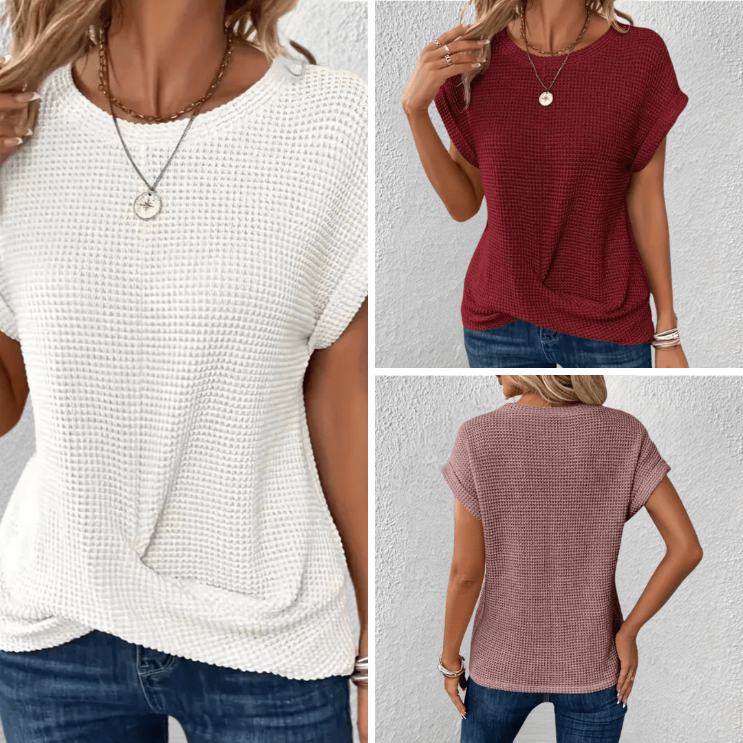 Waffle Knit Twist Front Top with Cuffed Cap Sleeves