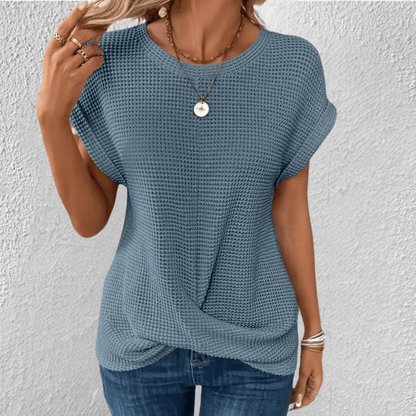 Waffle Knit Twist Front Top with Cuffed Cap Sleeves