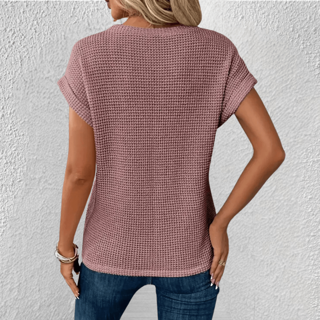 Waffle Knit Twist Front Top with Cuffed Cap Sleeves