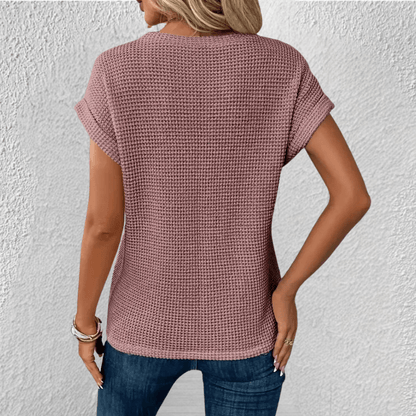 Waffle Knit Twist Front Top with Cuffed Cap Sleeves