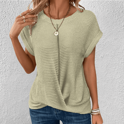 Waffle Knit Twist Front Top with Cuffed Cap Sleeves