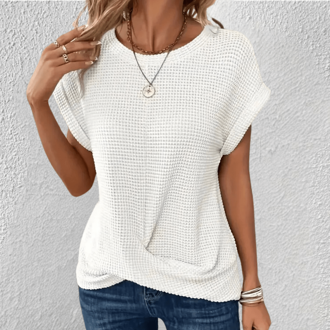 Waffle Knit Twist Front Top with Cuffed Cap Sleeves