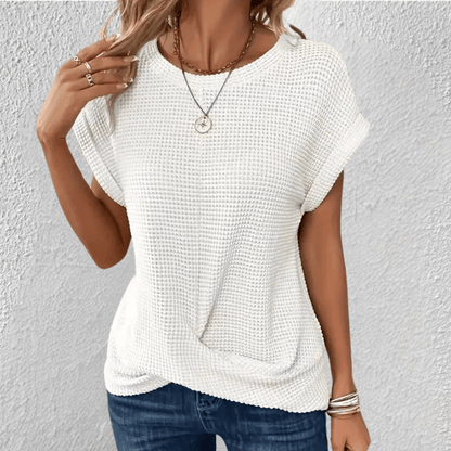 Waffle Knit Twist Front Top with Cuffed Cap Sleeves