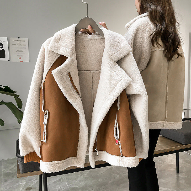 Panelled Shearling Jacket with Zip Closure and Notched Lapels