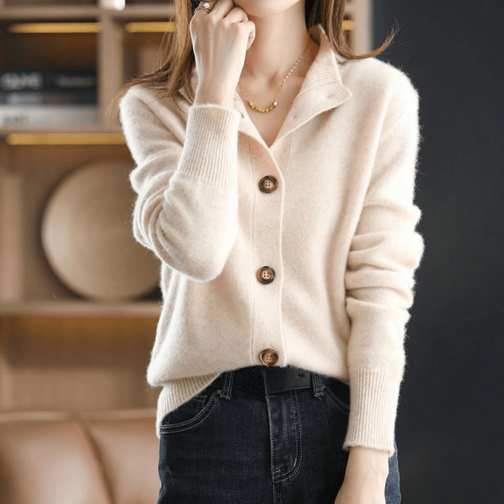 Button-Front Cashmere Cardigan with Convertible Collar