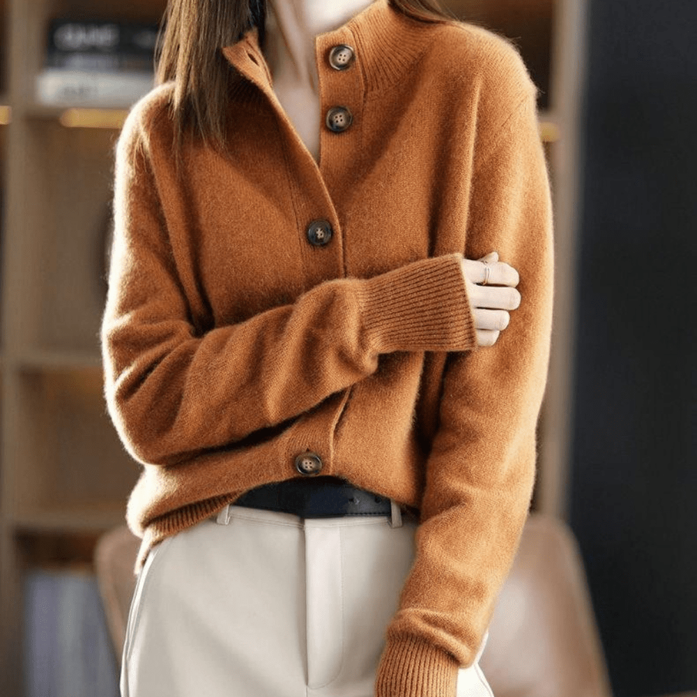Button-Front Cashmere Cardigan with Convertible Collar