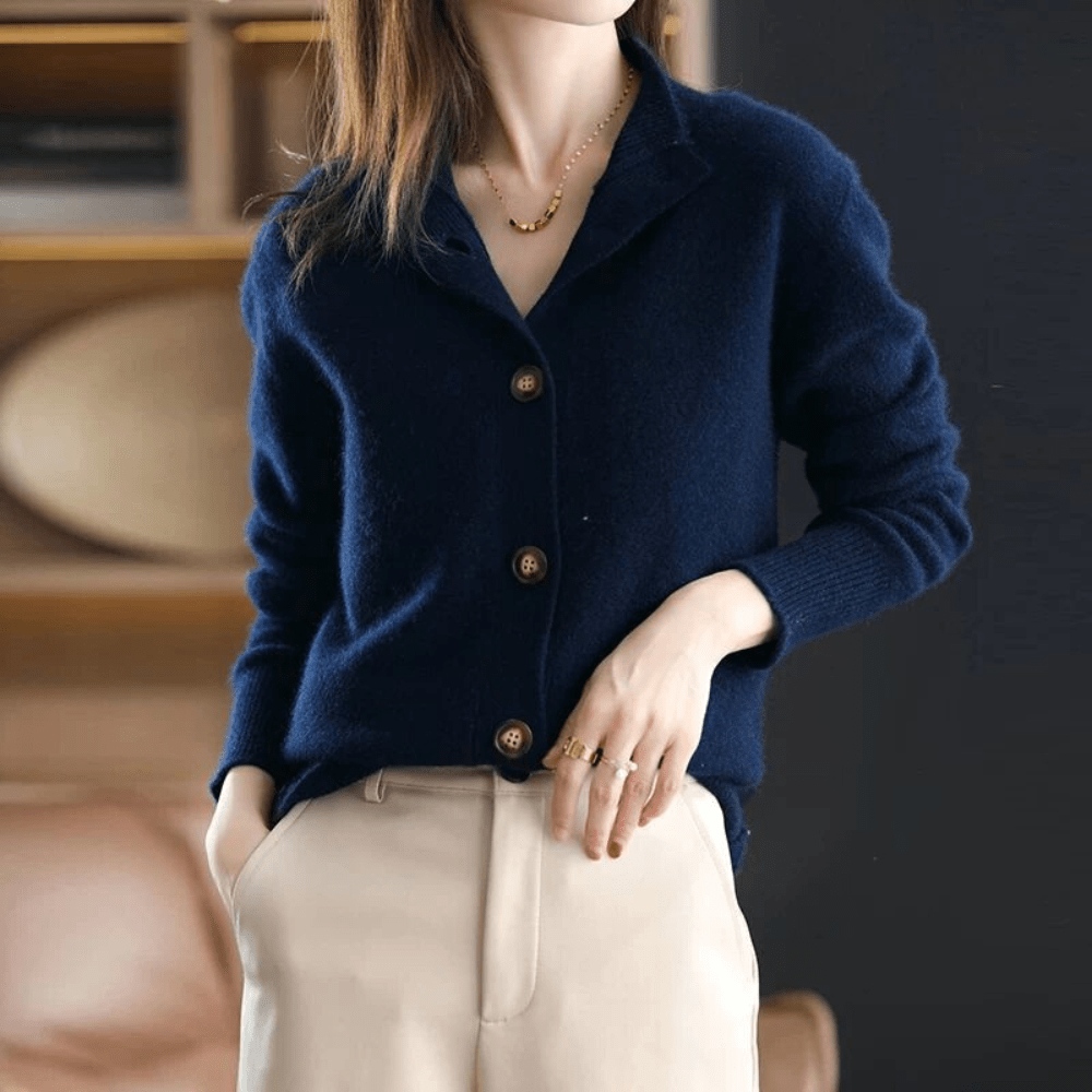 Button-Front Cashmere Cardigan with Convertible Collar