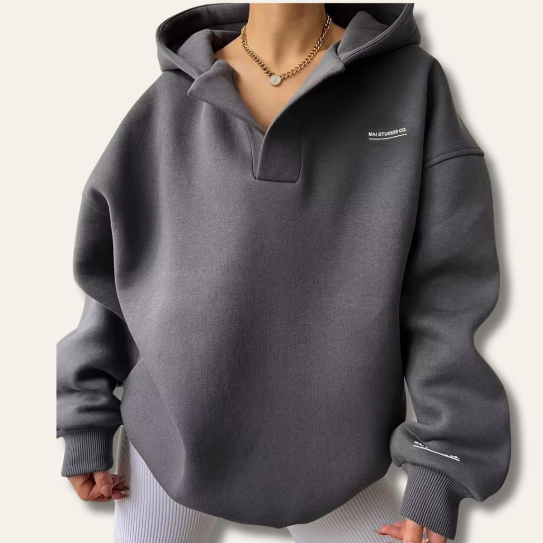 Oversized Hoodie with Drop Shoulder and Collar Placket