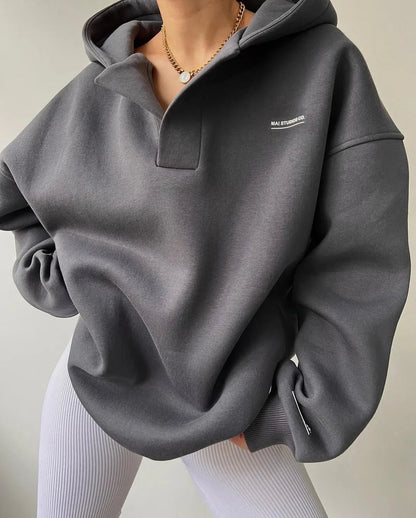 Oversized Hoodie with Drop Shoulder and Collar Placket