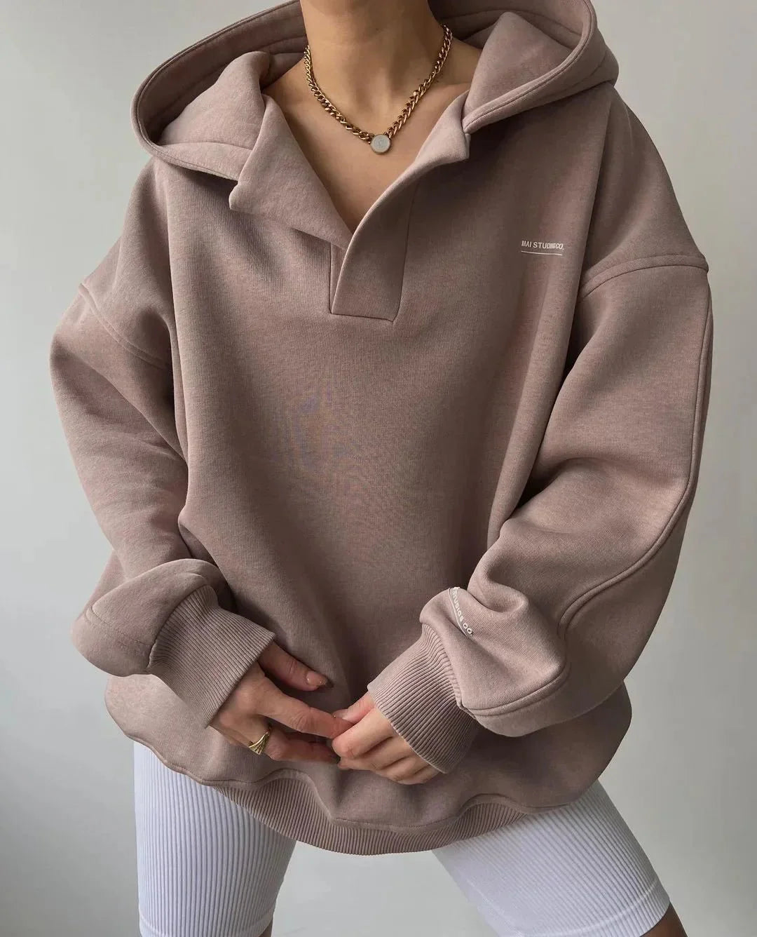 Oversized Hoodie with Drop Shoulder and Collar Placket