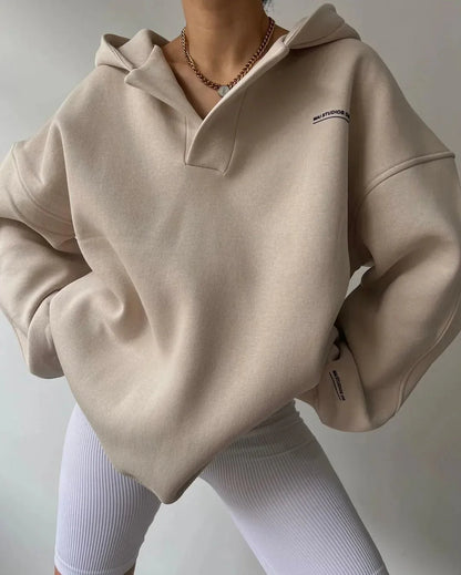 Oversized Hoodie with Drop Shoulder and Collar Placket